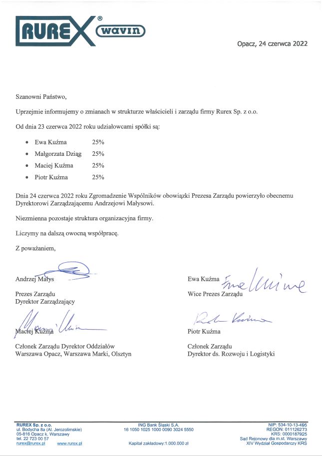 Zmiany w strukturze właścicieli i zarządu firmy RUREX Sp. z o.o.